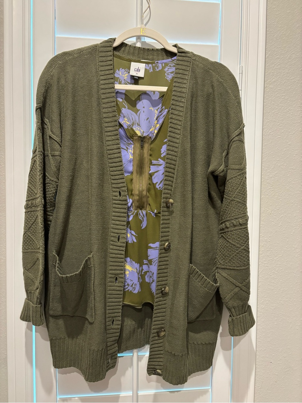 cAbi Olive Green Button-Front Knit Cardigan